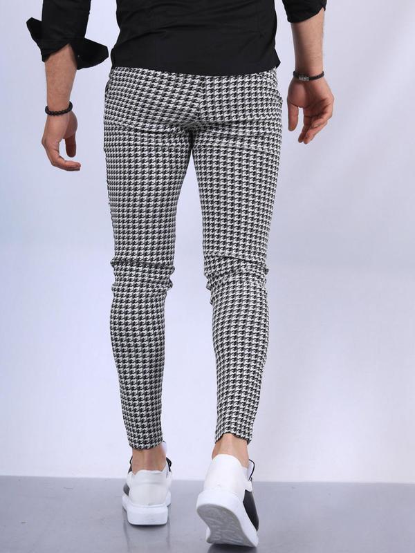 Men's Houndstooth Print Pocket Button Fly Pants, Streetwear Business Formal Slim Fit Pants For Work Office, Summer Outfits 2024, Men's Trousers For All Seasons 1