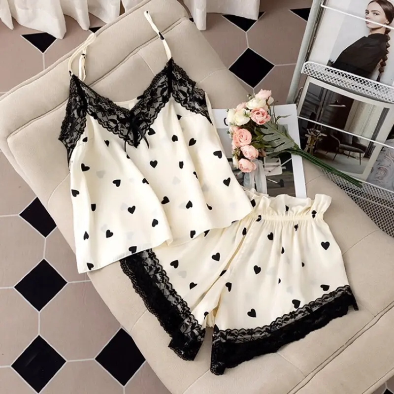 C12 - Bộ ngủ lụa hai dây họa tiết phối ren hoa cao cấp, siêu xinh đáng yêu. hàng QCCC