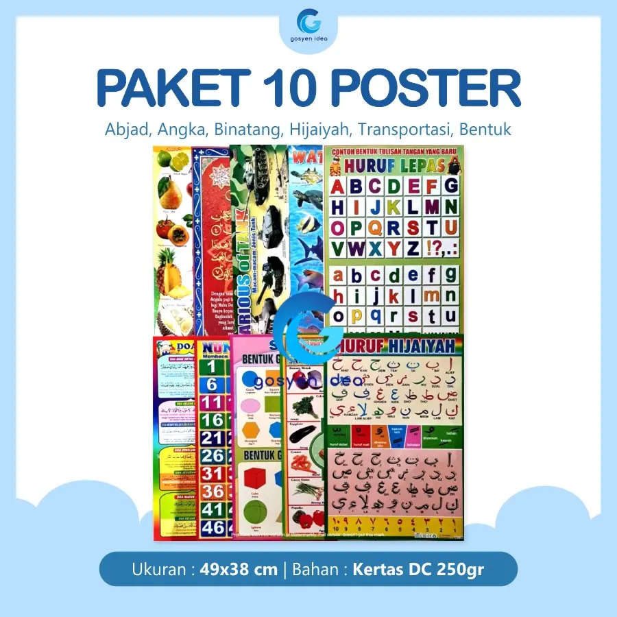 10 Poster Belajar Anak Edukasi Huruf Abjad, Angka, Binatang, Hijaiyah, Transportasi, Bentuk Karton Sekolah