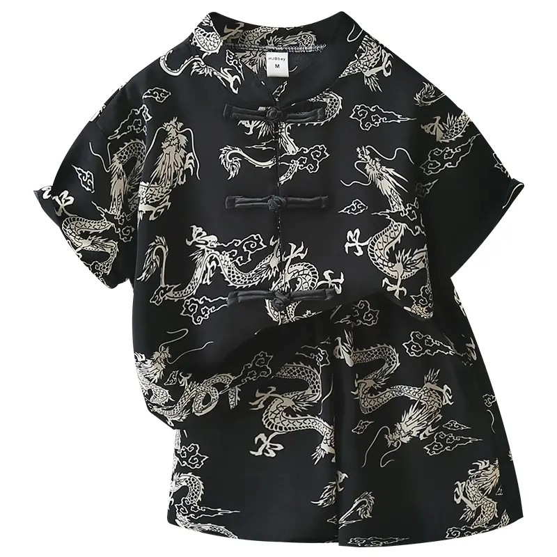 Bộ Áo Sơ Mi Hanfu Lụa Mango Ngắn Tay + Quần Short Họa Tiết Rồng Cho Bé Gái Và Bé Trai Phong Cách Sành Điệu Thời Trang Mùa Hè 8