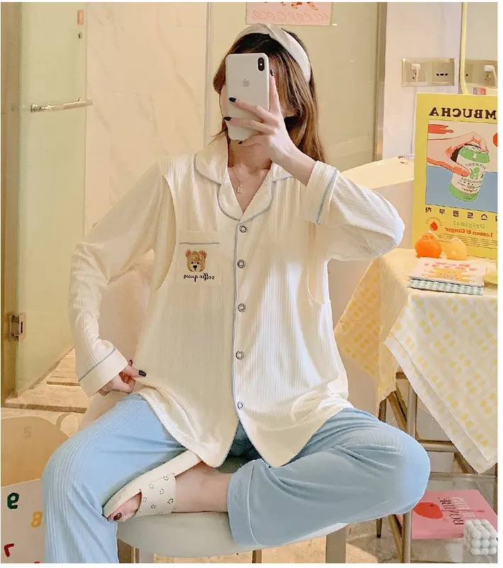 Bộ Đồ Bầu Sau Sinh Dài Tay Có Khe Mở Cho Con Bú Chất Liệu Cotton 5