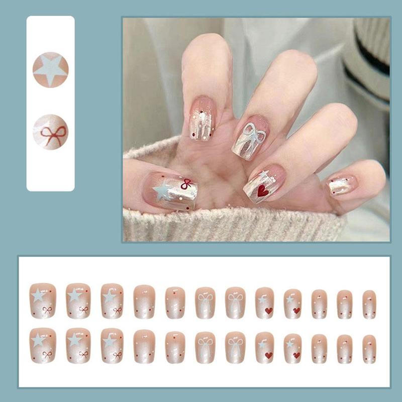Product Introduction of 24Pcs Fake Nails Set Light Luxury Flashing False Nails French Wearable Nails Removable False Nails 32