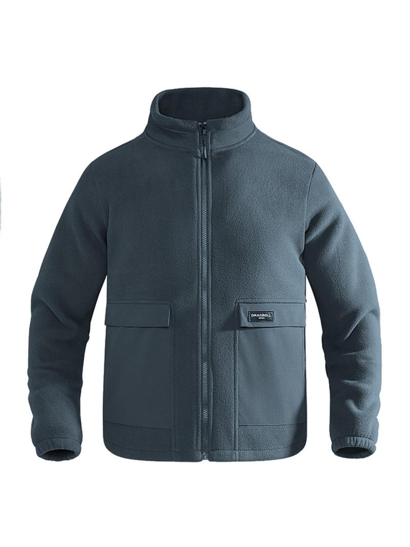 Product Introduction of Men's Solid Patched Pocket Zipper Funnel Neck Fleece Jacket, Regular Fit Casual Long Sleeve Zip Up Outerwear for Fall & Winter, Men's Clothes for Daily Wear 3