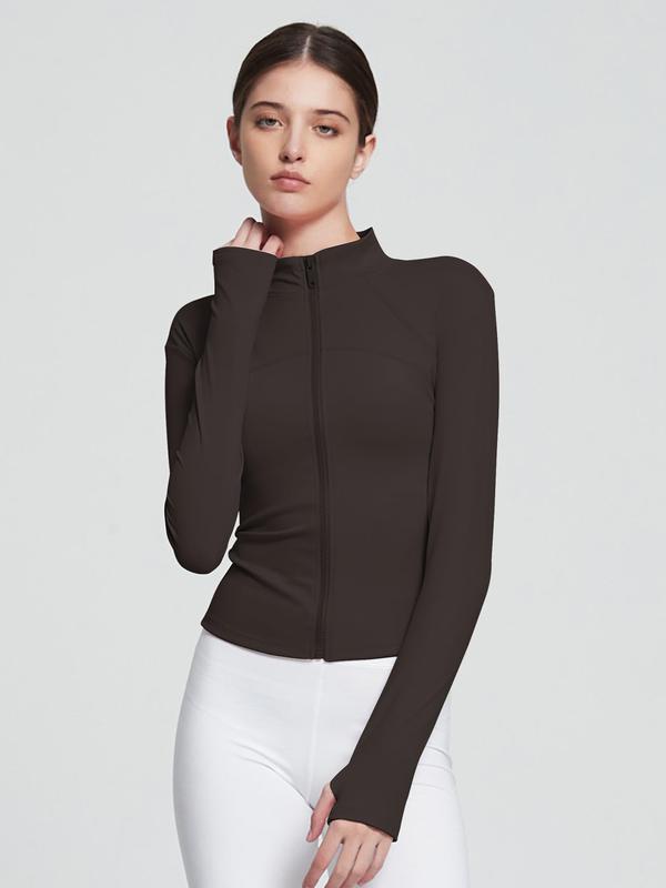 Women's Solid Zip Up Drop Shoulder Sports Jacket with Thumb Hole Design, Quick Drying Breathable Stand Collar Sports Outerwear for Yoga Gym Workout Running, Ladies Sportswear for All Seasons 2