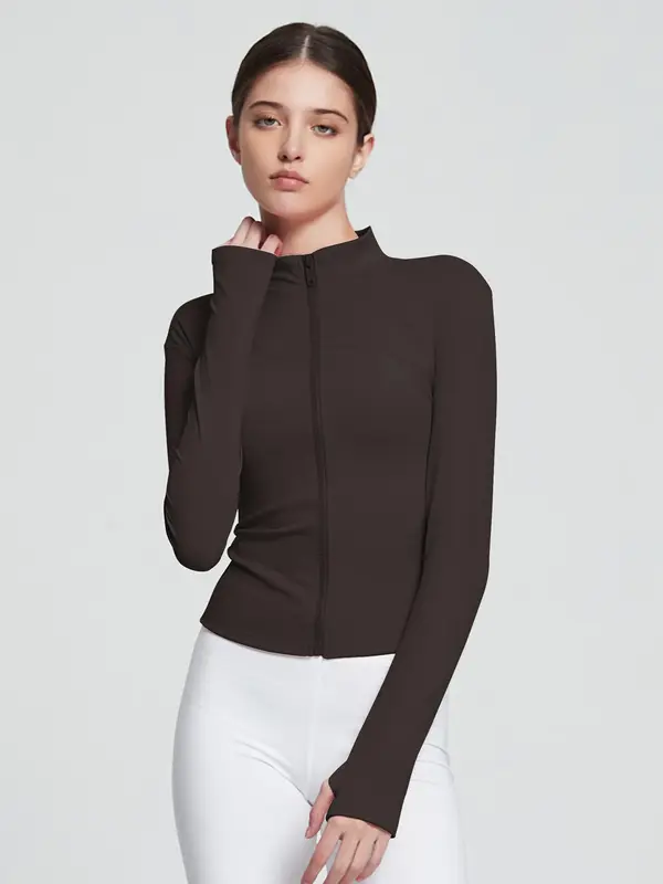 Women's Solid Zip Up Drop Shoulder Sports Jacket with Thumb Hole Design, Quick Drying Breathable Stand Collar Sports Outerwear for Yoga Gym Workout Running, Ladies Sportswear for All Seasons 2