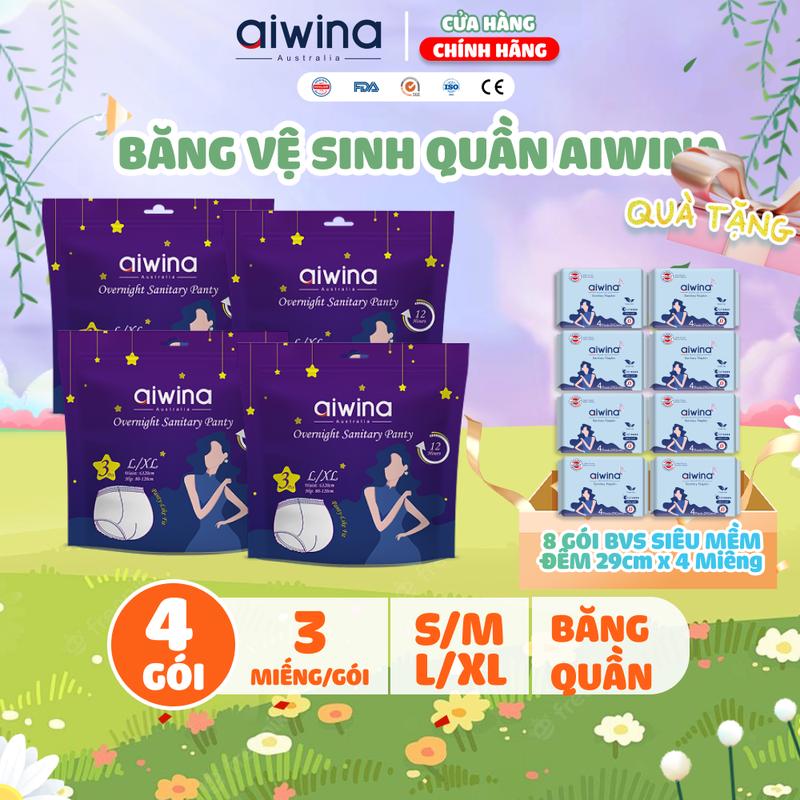 Combo 4 Túi Băng Vệ Sinh Quần Aiwina Chống Tràn và Thấm Hút Hiệu Quả Túi 3 Miếng Size S/M - L/XL