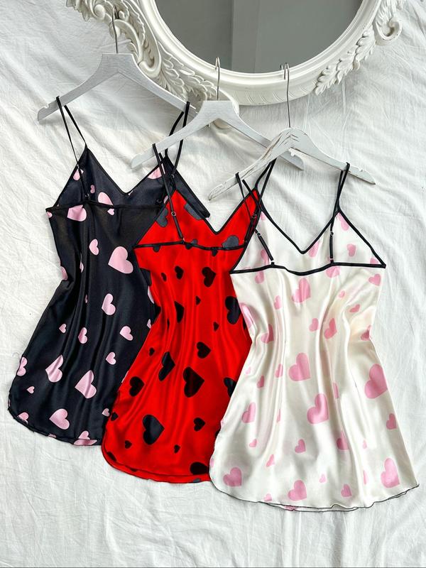 Women's Heart Print Contrast Binding Cami Nightdress, Casual Silky Soft Comfortable Adjustable Spaghetti Strap Nightgown, Dresses for Women, Ladies Sleepwear for All Seasons 5