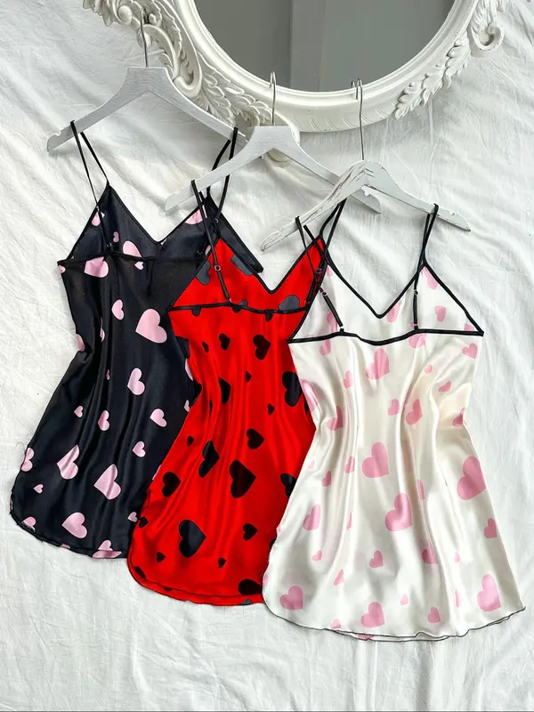 Women's Heart Print Contrast Binding Cami Nightdress, Casual Silky Soft Comfortable Adjustable Spaghetti Strap Nightgown, Dresses for Women, Ladies Sleepwear for All Seasons 5