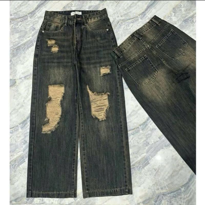 [s,m,l, xl] Quần Jean Ống suông Lỡ  RÁCH GỐI lưng cao vải mềm mịn