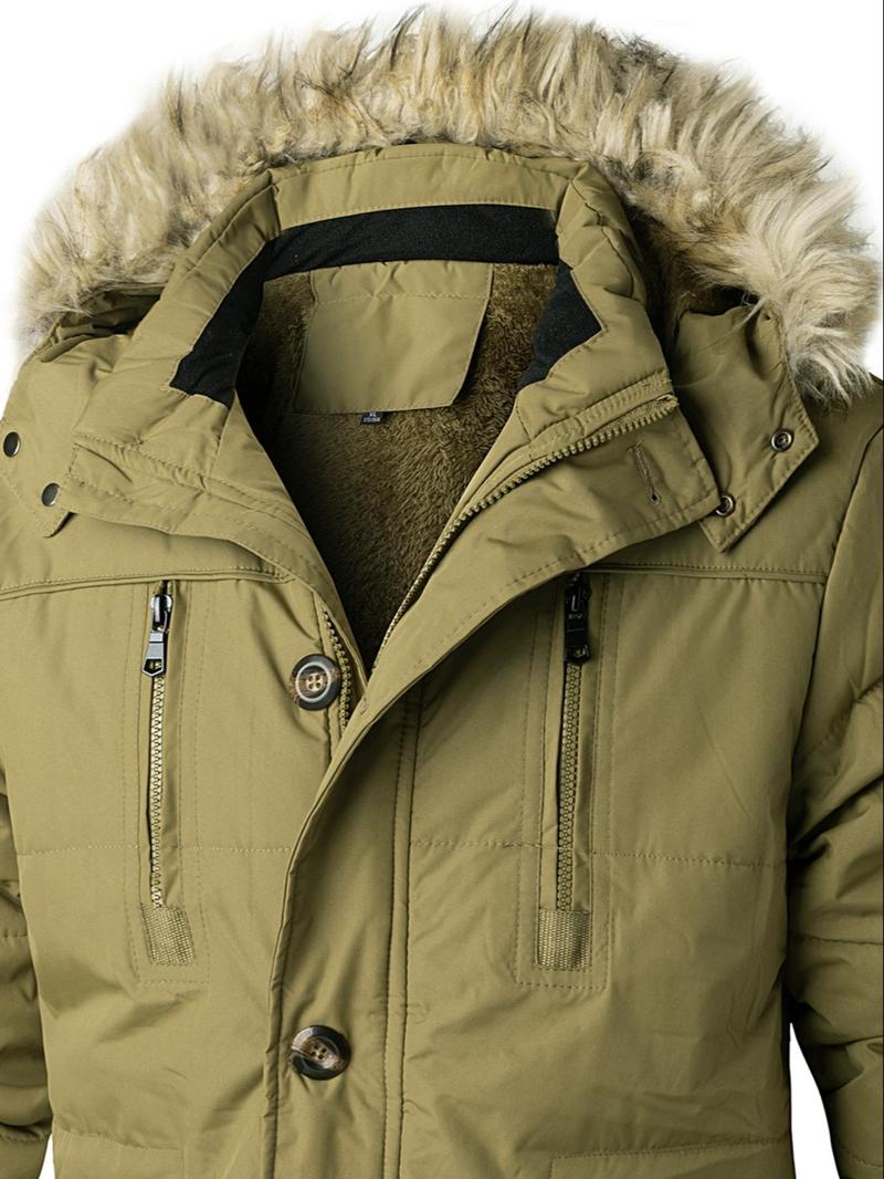 Product Introduction of Men's Flap Pockets Button Front Thermal Lined Hooded Coat, Slim Fit Casual Fuzzy Trim Zipper Warm Coat, Men Winter Coats, Men's Outerwear for Daily Wear 6