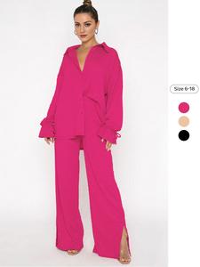 Two-piece Set Women's Solid Button Shirt & Wide Leg Pants Set, Casual Long Sleeve Collared Top & Trousers for Spring, Ladies Clothes for Daily Wear