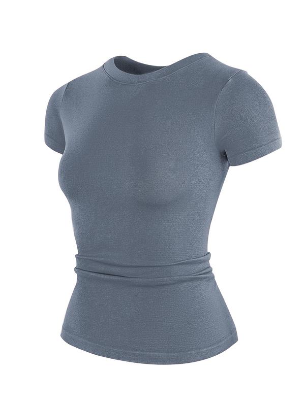 Women's Solid Color Short Sleeve Sports Tee, Quick Drying Breathable Round Neck T-shirt for Yoga Gym Workout Running, Ladies Indoor Outdoor Sportswear for All Seasons 7