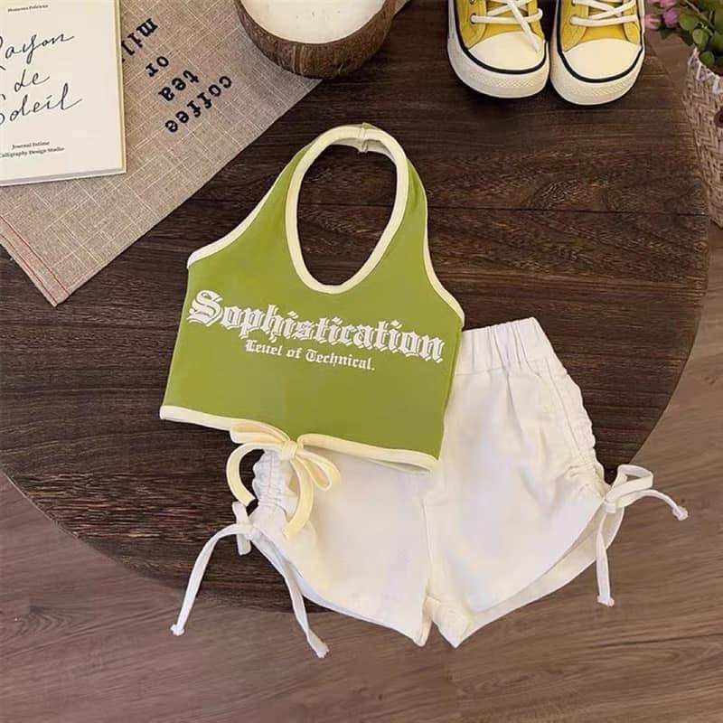 Set Áo Yếm Xanh Bơ Kèm Quần Đùi Rút Dây 65C Dành Cho Bé Gái