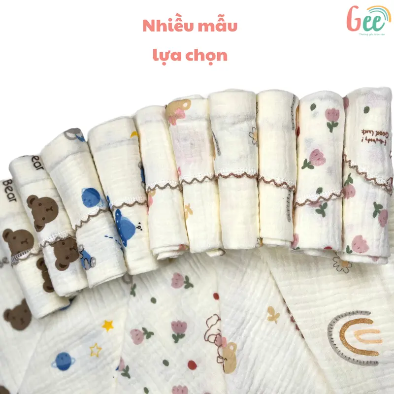 Khăn sữa muslin Gee, set 5 khăn xô mềm mịn mát, thấm hút, an toàn cho bé, họa tiết dễ thương, vải cotton 2 lớp, 30x30cm 6