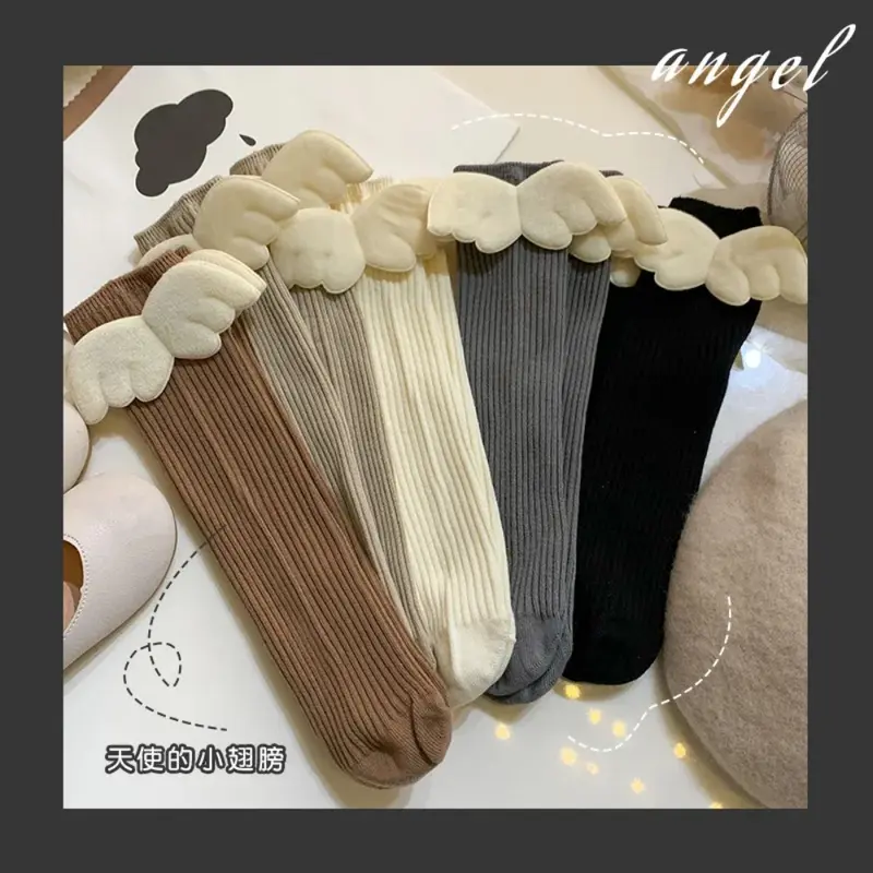 Tất Trẻ Em, Phong Cách Hàn Quốc, Tất Cao Đến Đầu Gối Cánh Dễ Thương Cho Trẻ Em, Thích Hợp Cho Bé Trai Và Bé Gái, Tất Bắp Chân Trẻ Em Bằng Cotton Sọc Màu Trơn Mùa Xuân Và Mùa Thu 3