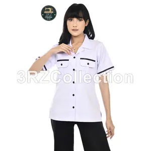 Baju Dinas Putih List Hitam Lengan Pendek Wanita