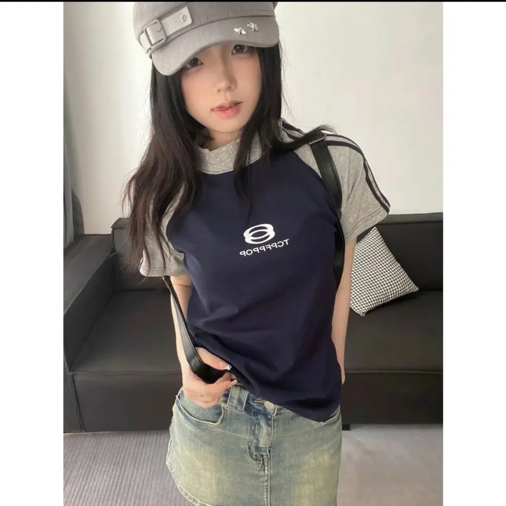 Áo phông ngắn tay baby tee nữ,áo thun rap lang phối màu in chữ TCR màu xanh chất cotton dày dặn Women Top Cổ Tròn