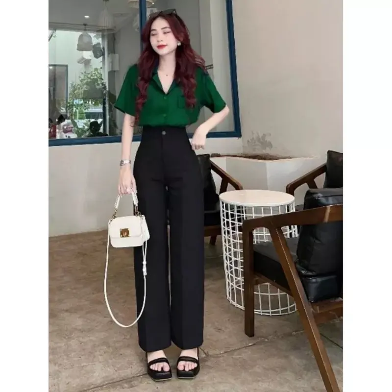 ￼Quần ống suông rộng lưng cao 1 khuy có 2 túi bên màu Đen,Quần  nữ ống rộng đi học làm công sở vải dày mềm Ong Women Pants 5