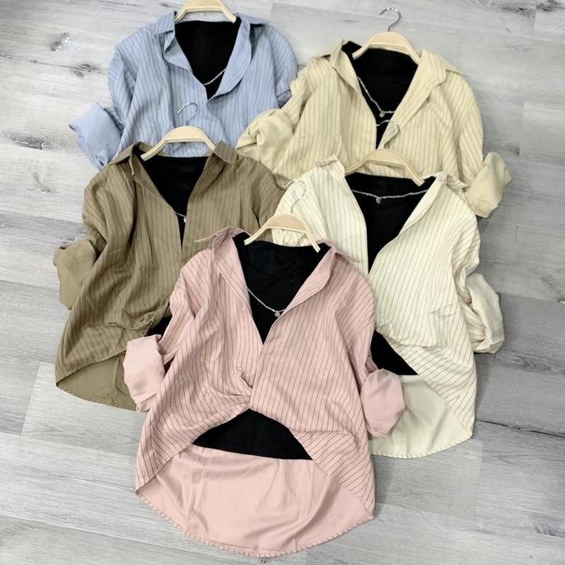 Product Introduction of Áo Sơ Mi Nữ Kẻ Sọc Xoắn Bụng Chất Nhung Mền Mại Phong Cách Hàn Quốc Top Cotton Women Shirt 2