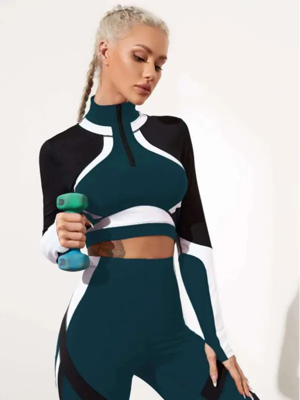 Women's Solid Color Patchwork Zip Up Crop Top & High Waist Leggings Tracksuit Set, Sporty Breathable Outfits for Yoga Gym Workout Running, Ladies Spring & Fall Clothes 3