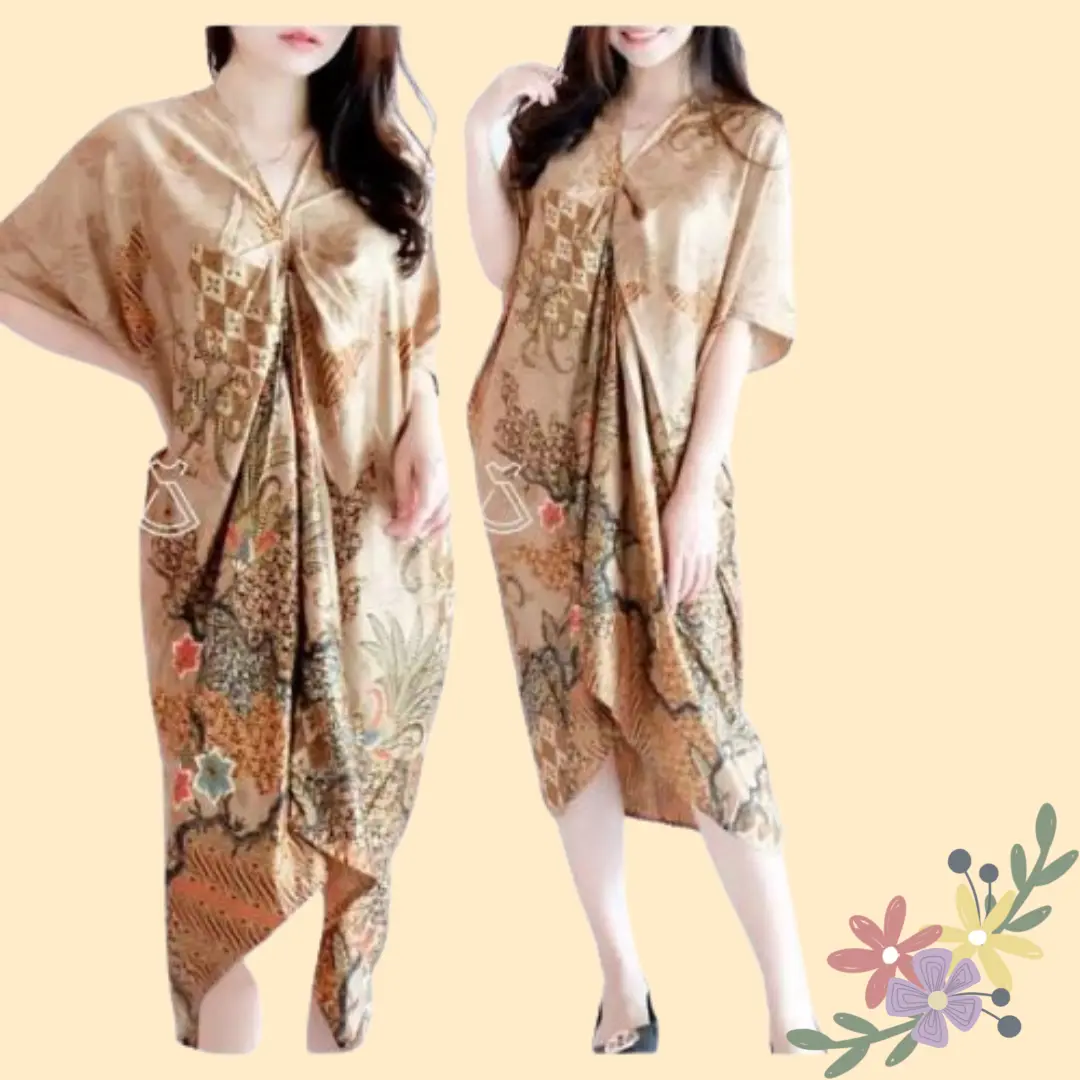 Kaftan Batik Lipat Tengah Dress Thania Choco Coklat Terbaru Satin HQ Halus Premium Bridesmaide Terbaru Gaun Natal E5E9