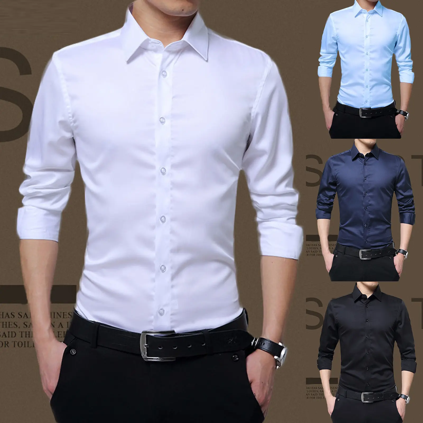 Men Shirt Solid Color Turn-down Collar Formal Single-breasted Autumn Shirt for Work