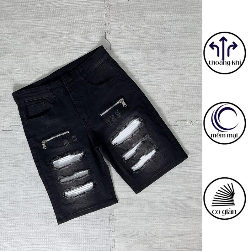 QS101 Quấn short jeans nam mau đen muối tiêu rách vá da màu trắng, khóa đùi, Quần đùi bò nàm khóa đùi vá da