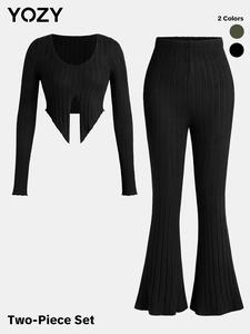 YOZY Solid Split Hem Ribbed Crop Top & Flare Leg Pants Set/ Casual Fashion Cozy Round Neck Long Sleeve Top & High Waist Bell Bottom Trousers, Women's All Season Outfits for Daily Outdoor Wear
