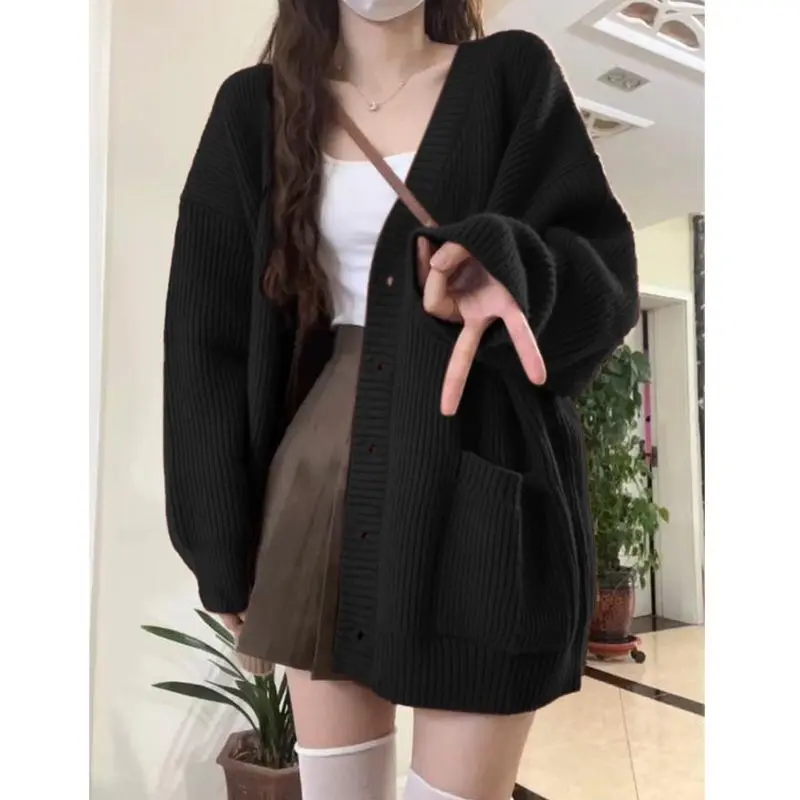 Áo Cardigan Len, Màu Đen, Cổ Chữ V Lười Biếng, Một Hàng Cúc, Dành Cho Nữ, Thích Hợp Cho Mùa Xuân Và Mùa Thu, Phong Cách Hàn Quốc, Dáng Rộng Vừa Vặn, Áo Len 1
