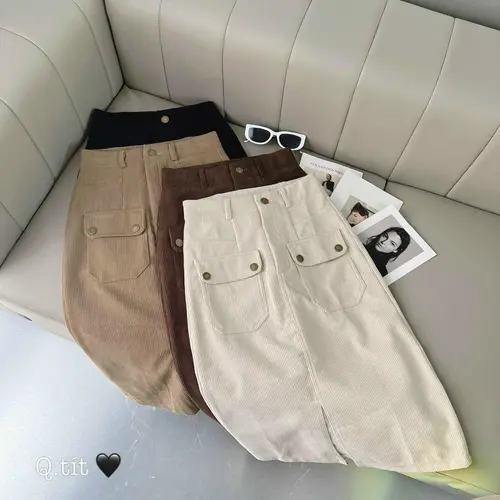 Chân váy chữ a dáng dài chất vải nhung tăm cạp lưng cao nhiều màu xẻ trước túi ốp