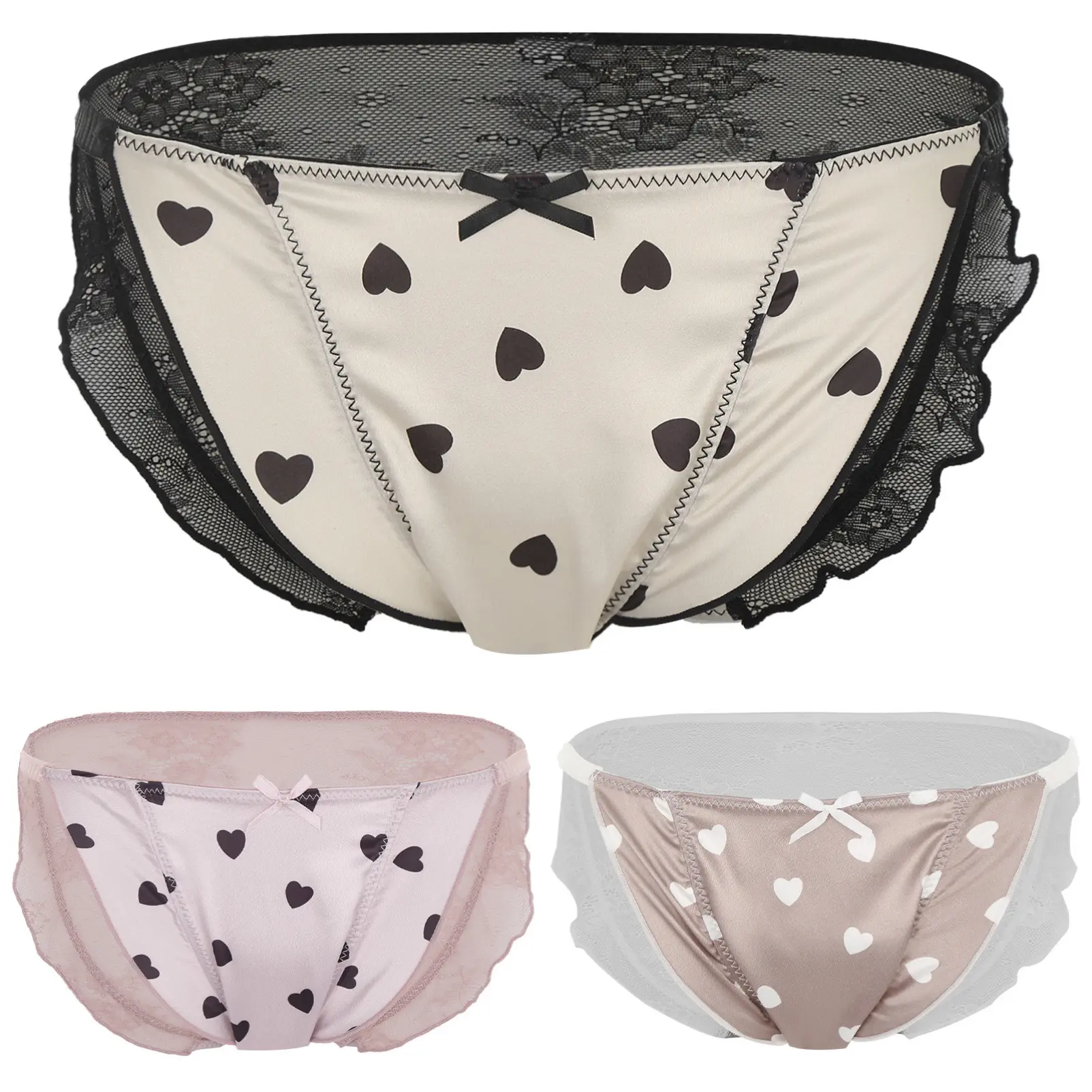 CHICTRY Women's Mid Waist Hip Lifting Lace Panties Heart Printed Underwear Ruffle Hollow Out Underwear