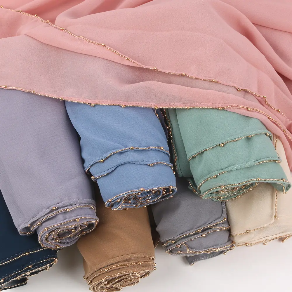 Solid Color Chiffon Hijab - Pearl Embellished Metal Chain Trim, Malaysian Middle Eastern Style Prayer Scarf, Elegant Muslim Women's Head Wrap