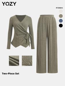 YOZY Valentine's Day Gift for Girl, Two-Piece Set Women's Plain Wrap V Neck Bow Tee & Pocket Pants, Casual Asymmetrical Hem Long Sleeve Top & Elastic Waist Trousers Set for Spring & Fall, Fall & Winter Outfits