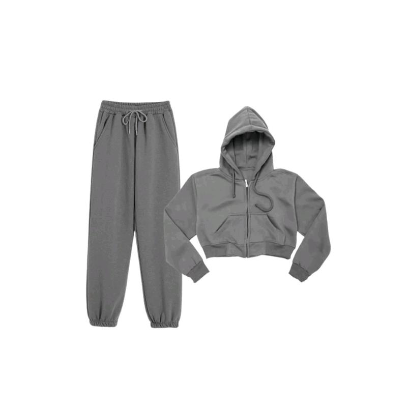 ONE SET HOODIE ZIPPER CROP+CELANA JOGER SWEATPANTS POLOS Wanita dakgrey XL