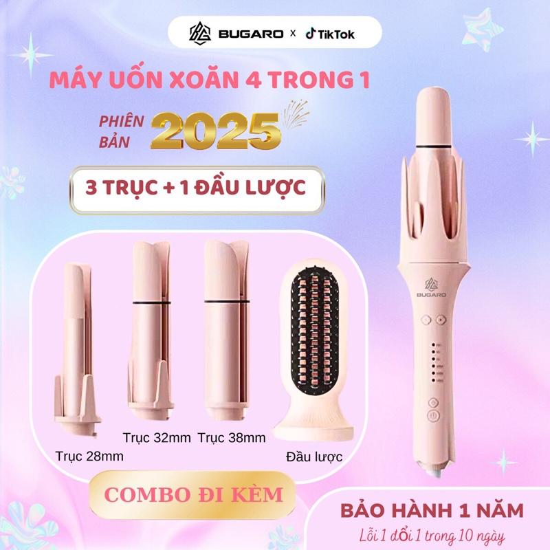 BUGARO Máy Uốn Tóc Tự Động 4in1 Gồm 1 Lược 3 Trục Uốn Thay Đổi 28mm 32mm 38mm Nút Hẹn Giờ Tự Động 3 Mức Nhiệt Điều Chỉnh 160-180-200 Công Nghệ Ion Âm Dưỡng Ẩm Tóc