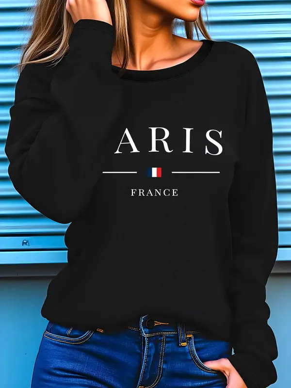 Women's Letter Print Round Neck Sweatshirt, Casual Long Sleeve Crew Neck Pullover for Fall, Fashion Women's Top for Daily Wear 2