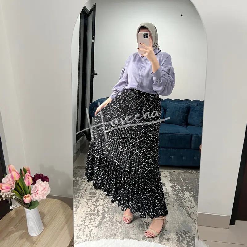 Haseena Rok Susun Rempel Plisket Zeina Motif Bintik Tabur | Bawahan Wanita Muslim Motif Polkadot Emas Mini Tabur Skirt Ruffle Panjang Jumbo 1