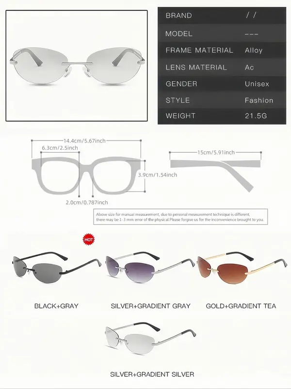 Unisex Simple Style Tinted Lens Oval Frame Sunglasses, Trendy Casual Rimless Sunglasses for Everyday Use, Fashion Accessories for Outdoor Activities 4
