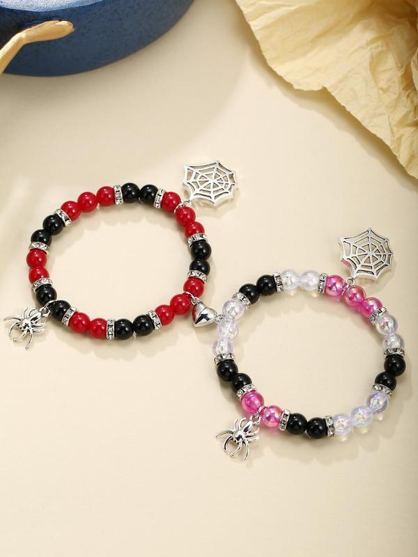 Fashion Spider & Net Design Charm Beaded Bracelet, 2024 Casual Simple Half Magnetic Heart Charm Jewelry for Party, Daily Clothing Decor, Valentine's Day, Gift 1