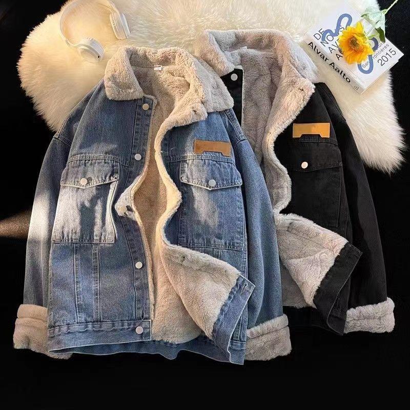 Áo Khoác Denim Len Cừu, Dành Cho Cặp Đôi, Hàng Mới Về Mùa Đông 2023, Lót Lông Cừu, Dày Dặn Và Rộng Rãi, Phong Cách Cổ Điển Dễ Phối Đồ, Áo Khoác Độn Bông, Thích Hợp Cho Phong 2