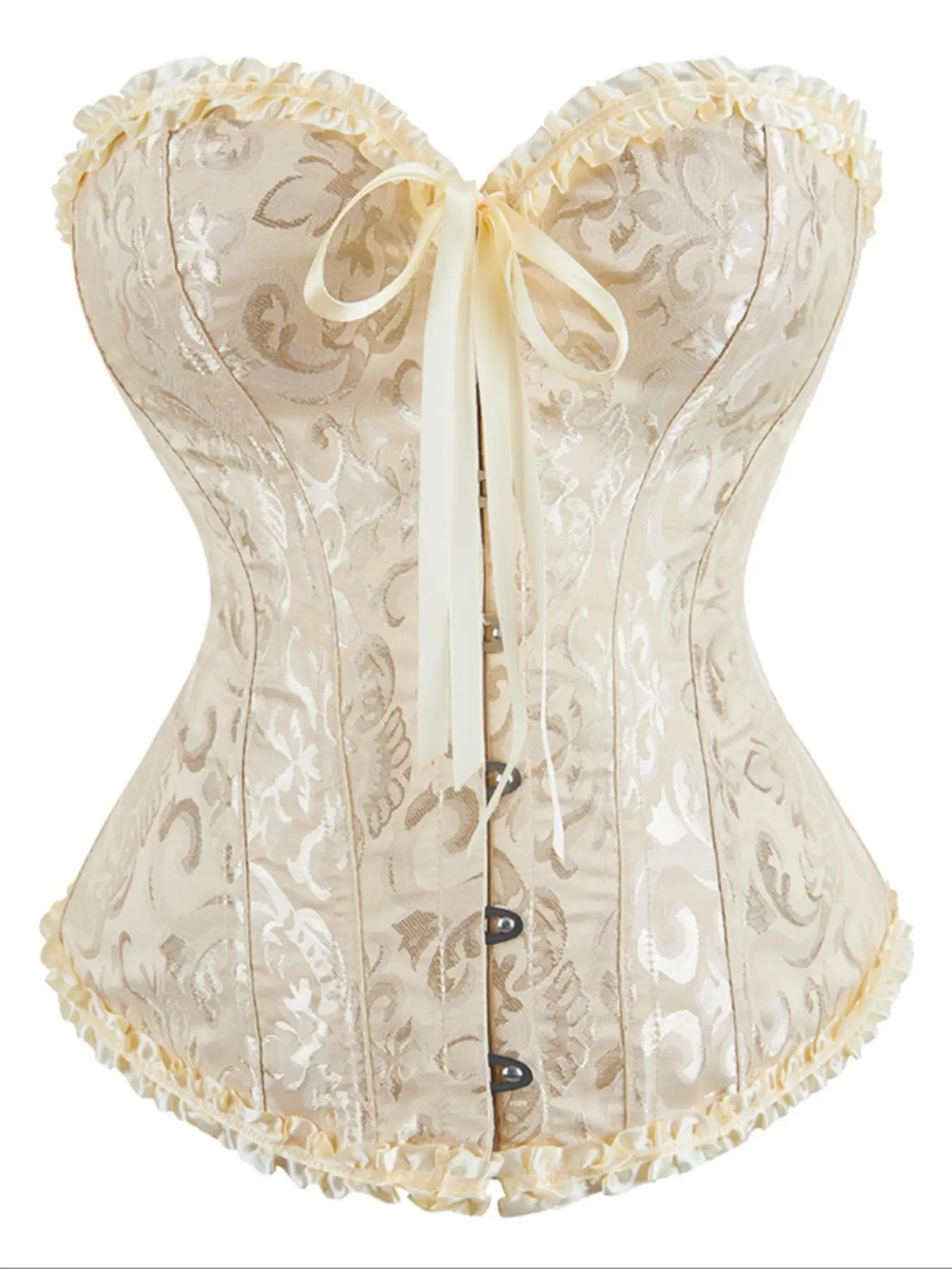 Women's Jacquard Frill Trim Lace Up Grommet Eyelet Coreset Shapewear Top, Elegant Comfort Fashion Tie Front Tummy Shaping Overbust Corset Top, Ladies Shapewear for All Seasons, Womenswear