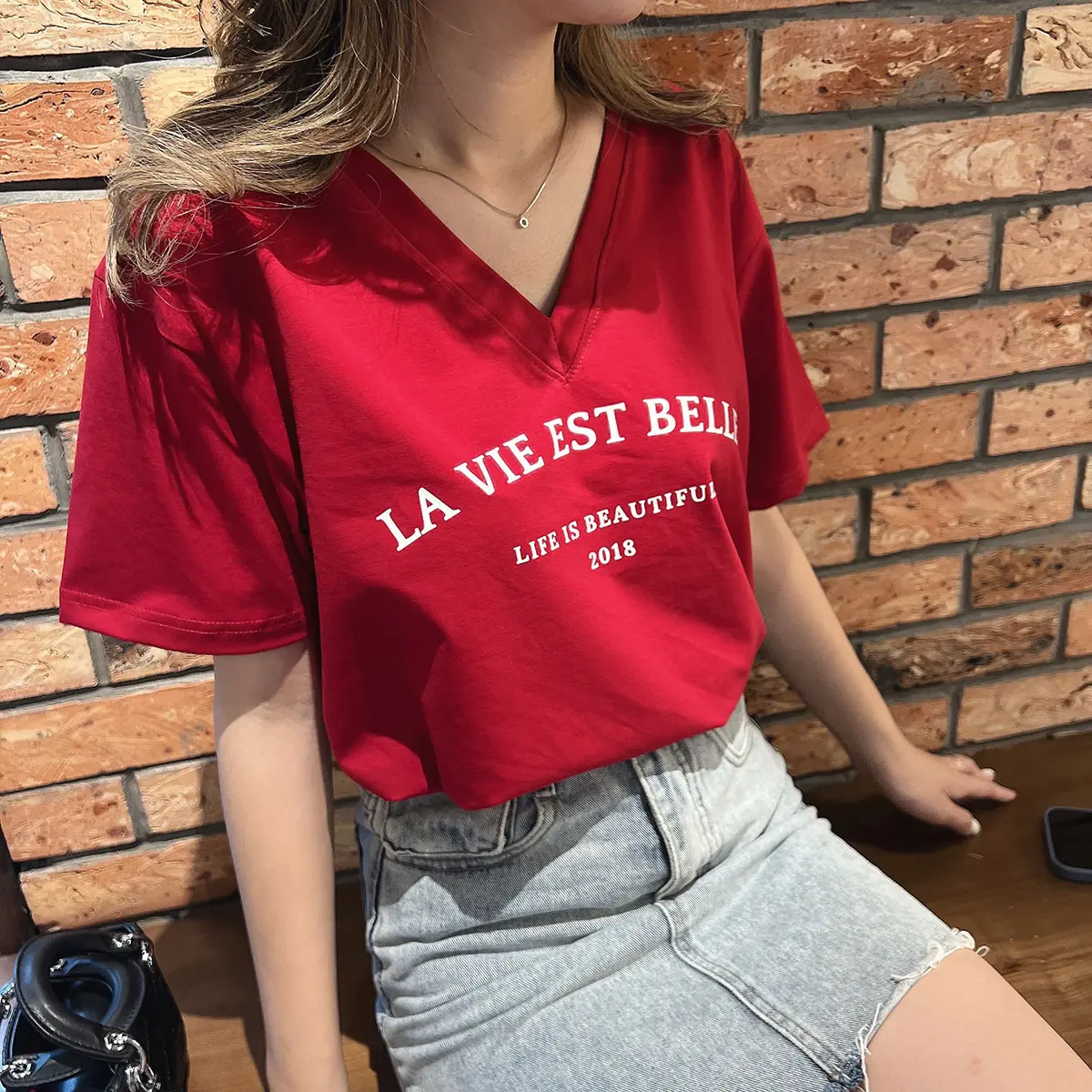 Áo Phông Cotton Cổ Tim Thời Trang LAVIESTBELLE 2018 Mềm Mịn Không Bai Dão