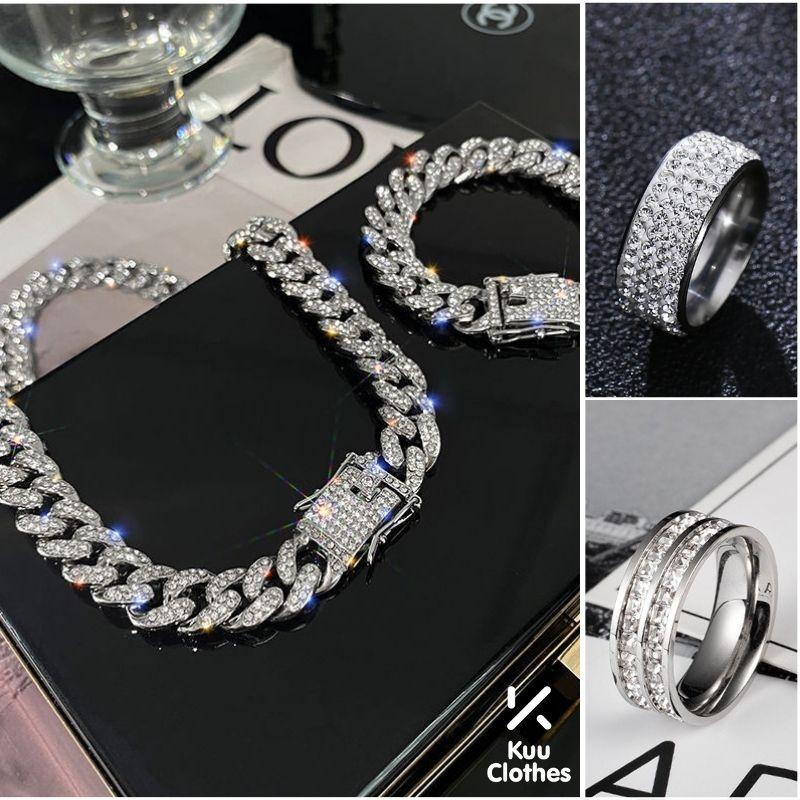 Combo 2 Vòng cổ/vòng tay đính đá nhẫn đính đá lấp lánh Cuban Đ.á KuuClothes - Vòng Cổ/Vòng Tay Cu.ban Đá + Nhẫn Dr.in.g/Bl.uli.ng