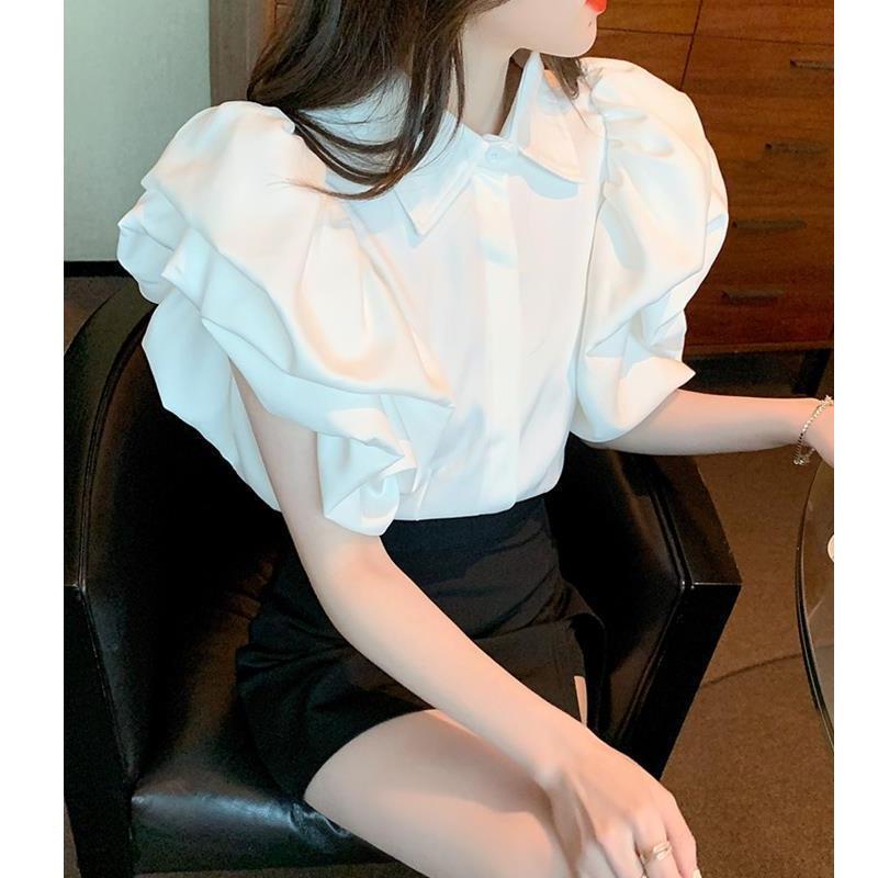 Áo Sơ Mi Cổ Bẻ Phong Cách Pháp, Cao Cấp Và Cổ Điển, Dành Cho Nữ, Trang Phục Mùa Hè, Thiết Kế Đẹp, Phong Cách Độc Đáo Tay Phồng Cánh Hoa Màu Đen, Áo Sang Trọng, OOTD 4