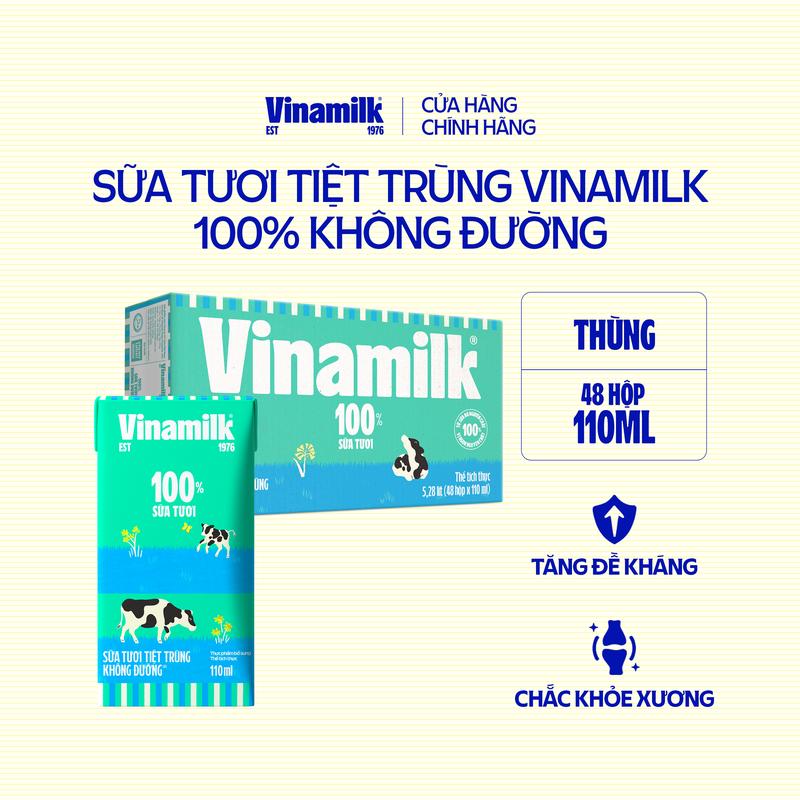 2 Thùng Sữa tươi tiệt trùng Vinamilk 100% Không Đường 110ml