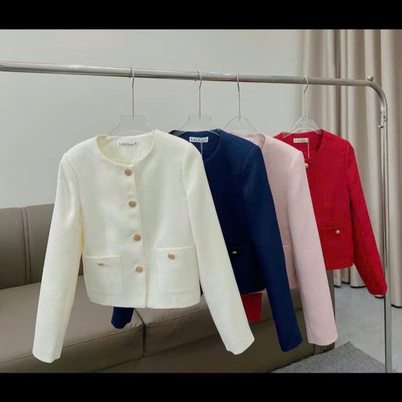 Áo Khoác Dạ 2 Lớp Có Đệm Cầu Vai Mix Khuy Ngọc Trai Dáng Ngắn  Nữ Women Jacket Top 55-90kg bigsize