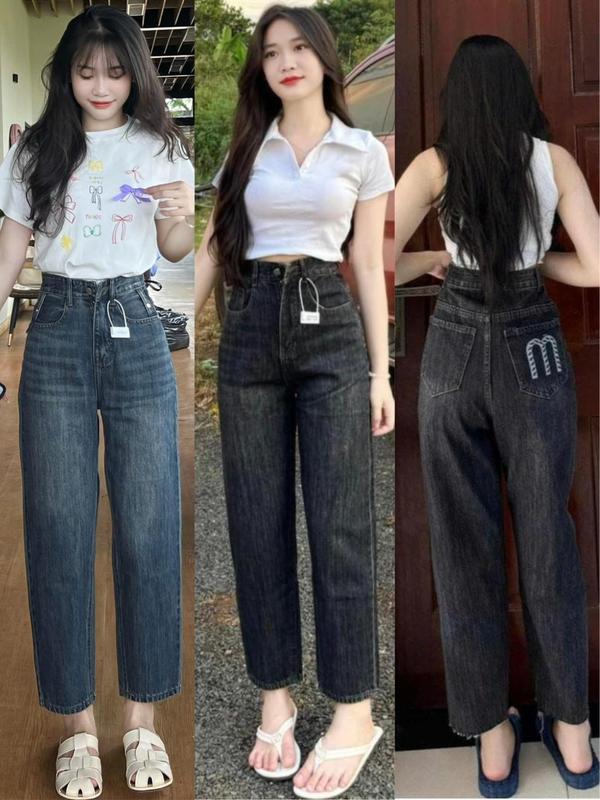 Quần Jean Baggy Lưng Cao Thêu túi sau chữ M, vải mềm mại màu Xanh và Xám đen JH202(Nữ Pants) Kem Women đi làm đi học đường phố cá tính