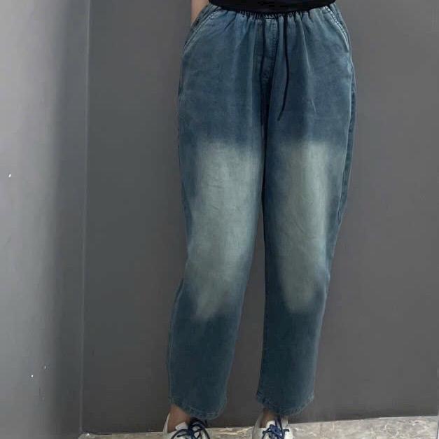 [M501] Quần baggy jeans trơn lưng chun form thụng rộng chín tấc  chất mềm mịn Women 3