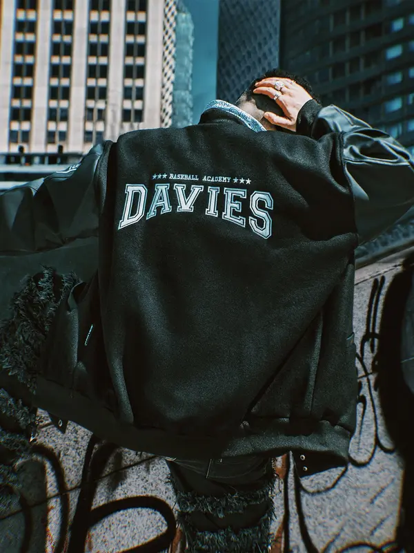 Áo khoác varsity jacket nỉ tay da DAVIES nam nữ màu đen thêu logo form rộng 2 lớp Varsity Baseball Academy 3