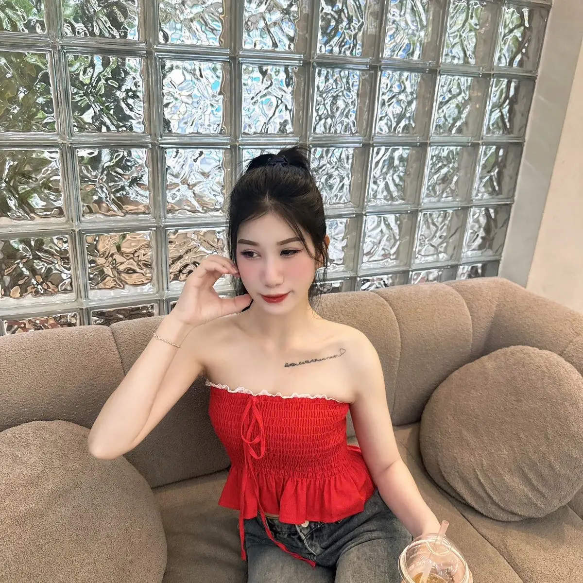 ￼BOTUTO-Áo Ống Chất Voan Dáng Croptop Nhún Phối Ren Đính Nơ Dễ Thương Basic Nữ Women Ong